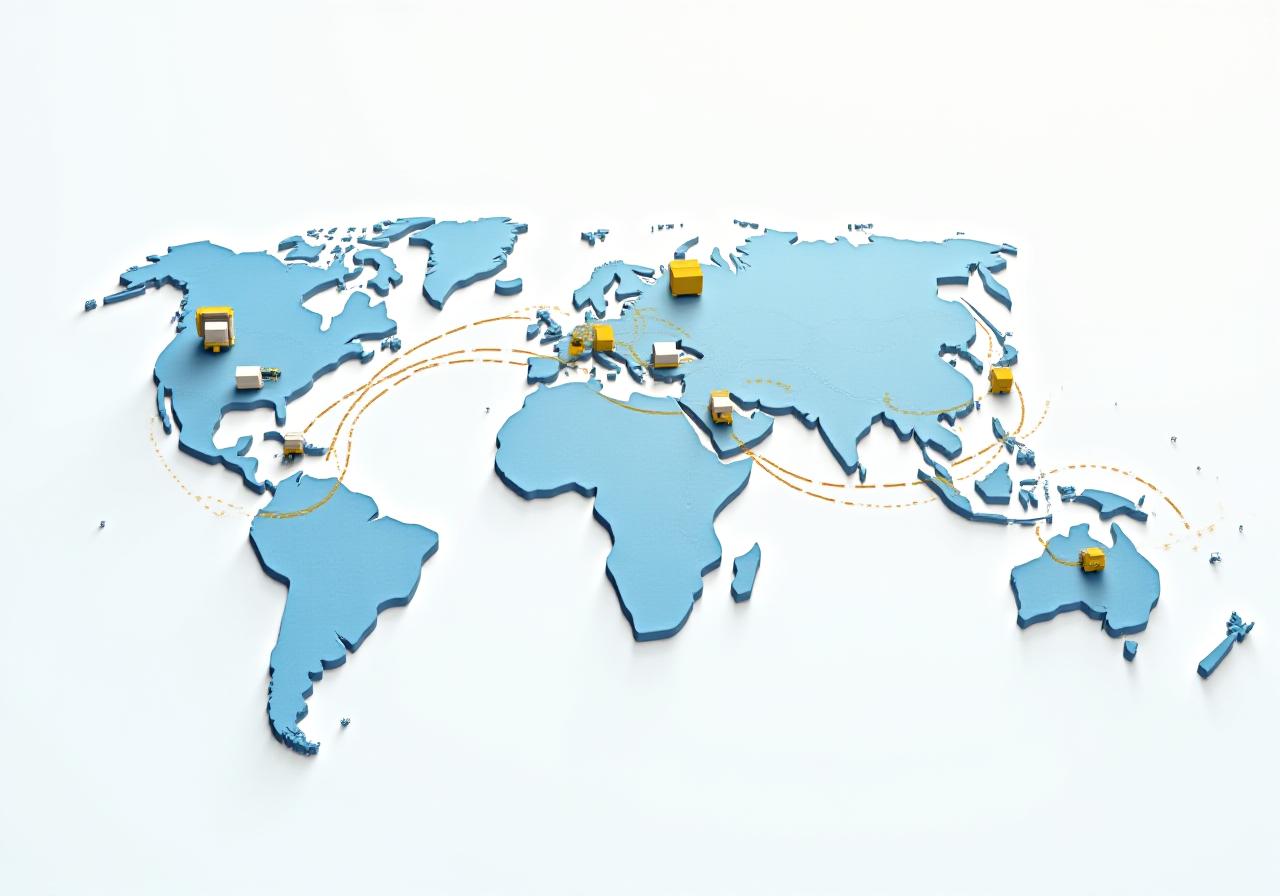 Global supply chain map with playful transit lines